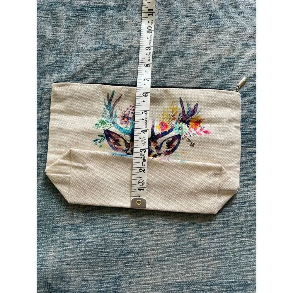 Colorful Watercolor Buck Cotton Canvas Small Makeup Bag Travel Toiletry Pouch